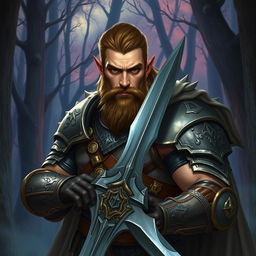 A male half-elf paladin with a rugged beard and commanding presence, his sharp elven features and muscular build accentuated by a hint of mystery from his criminal background