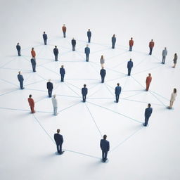 Generate an image of a person standing amidst a network of connecting lines symbolizing relationships and teamwork. The individual stands as a beacon of proficiency in team management, orchestrating the connections efficiently.