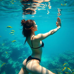 A beautiful, alluring woman performing yoga gracefully underwater, surrounded by a vibrant, serene aquatic environment