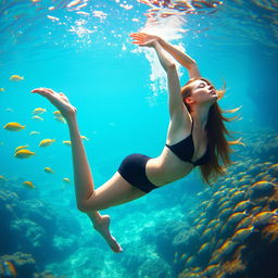 A beautiful, alluring woman performing yoga gracefully underwater, surrounded by a vibrant, serene aquatic environment