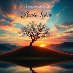 A captivating book cover design featuring a surreal landscape with rolling hills, a vibrant sunset in the background, and a solitary tree in the foreground