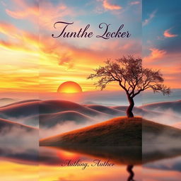 A captivating book cover design featuring a surreal landscape with rolling hills, a vibrant sunset in the background, and a solitary tree in the foreground