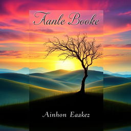 A captivating book cover design featuring a surreal landscape with rolling hills, a vibrant sunset in the background, and a solitary tree in the foreground