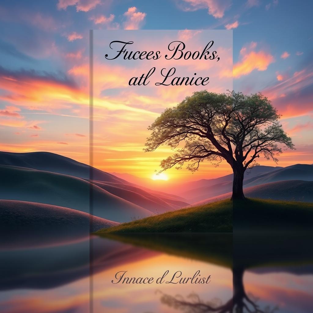 A captivating book cover design featuring a surreal landscape with rolling hills, a vibrant sunset in the background, and a solitary tree in the foreground