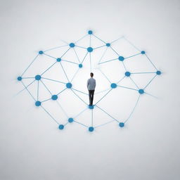 Generate an image of a person standing amidst a network of connecting lines symbolizing relationships and teamwork. The individual stands as a beacon of proficiency in team management, orchestrating the connections efficiently.