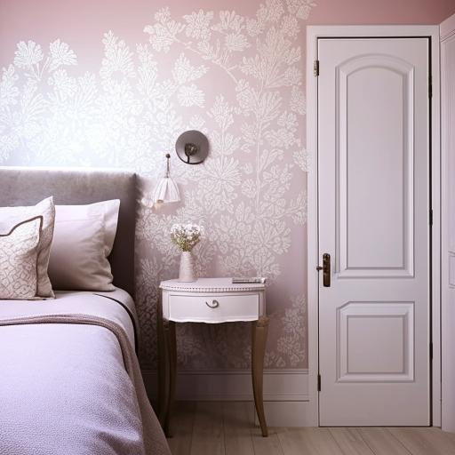 A modern French-inspired bedroom with elegant wall designs and a calming color scheme