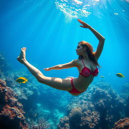 A captivating, alluring woman in a thong bikini elegantly performing yoga underwater, showcasing her toned physique and flexibility in a mesmerizing, serene aquatic environment