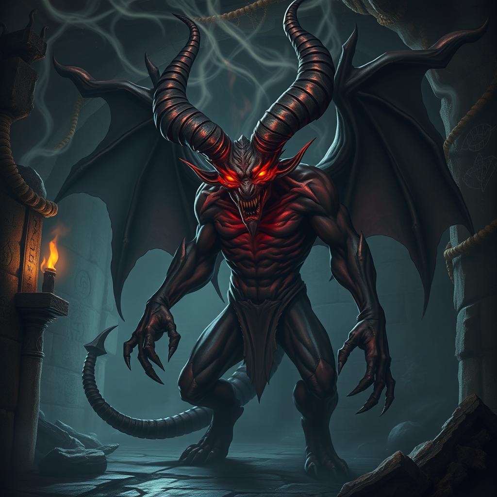 A mystical and powerful demon, emerging from swirling shadows with glowing crimson eyes, intricate horns spiraling upwards, and an aura of dark, magical energy