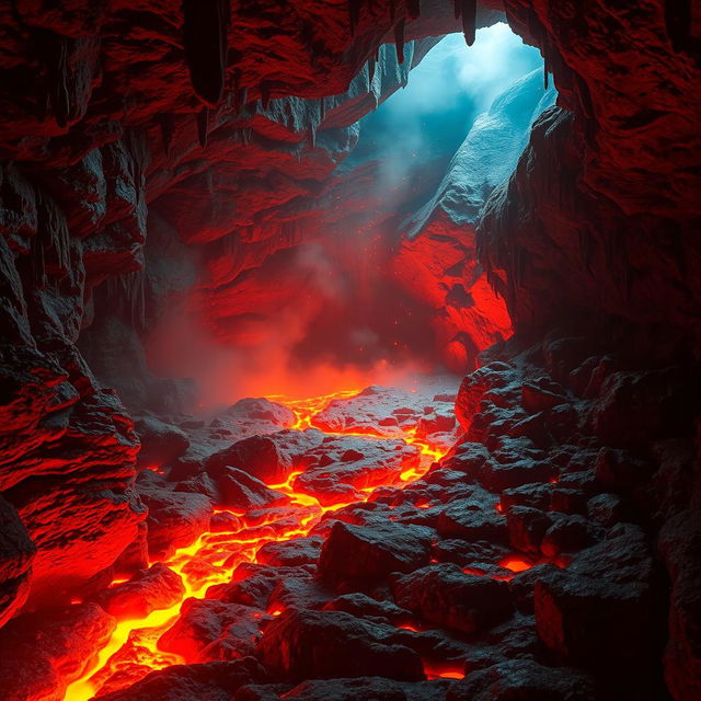 A breathtaking view of a lava cave, with glowing molten lava flowing along the rocky ground, casting a warm orange and red light throughout the cave