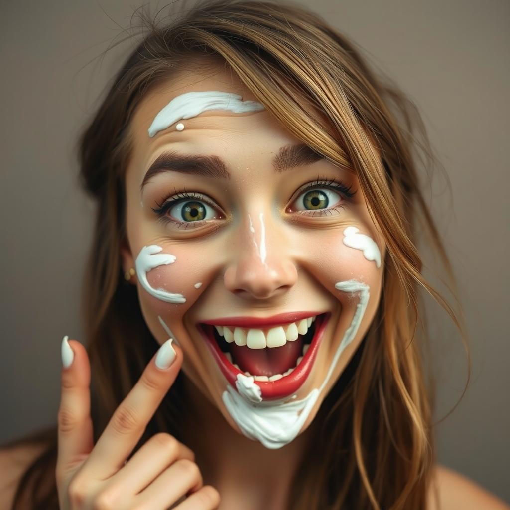 A close-up portrait of a woman with a playful expression, white cream smeared artistically across her cheeks and a dollop on her lips