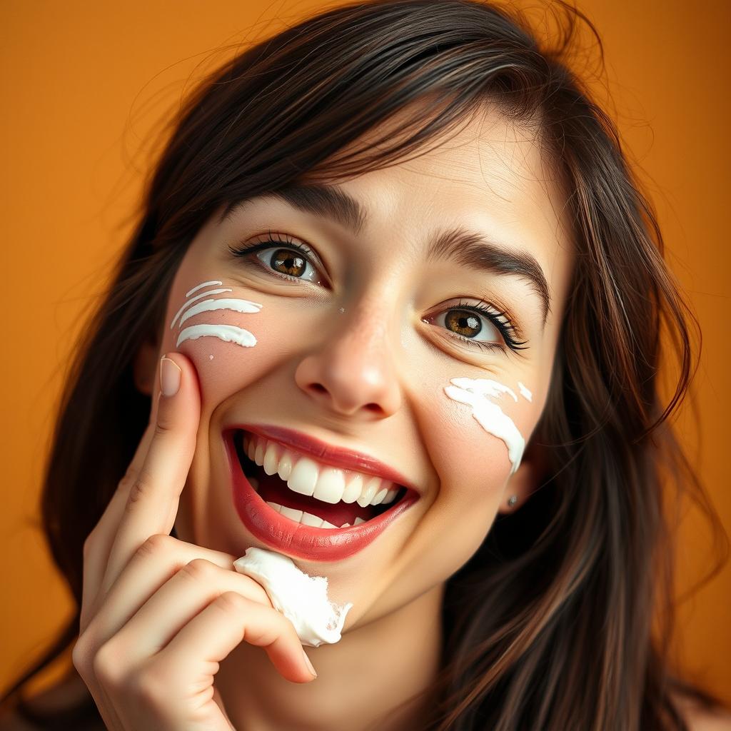 A close-up portrait of a woman with a playful expression, white cream smeared artistically across her cheeks and a dollop on her lips