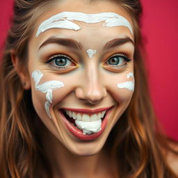 A close-up portrait of a woman with a playful expression, white cream smeared artistically across her cheeks and a dollop on her lips