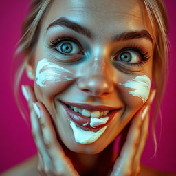 A close-up portrait of a woman with a playful expression, white cream smeared artistically across her cheeks and a dollop on her lips