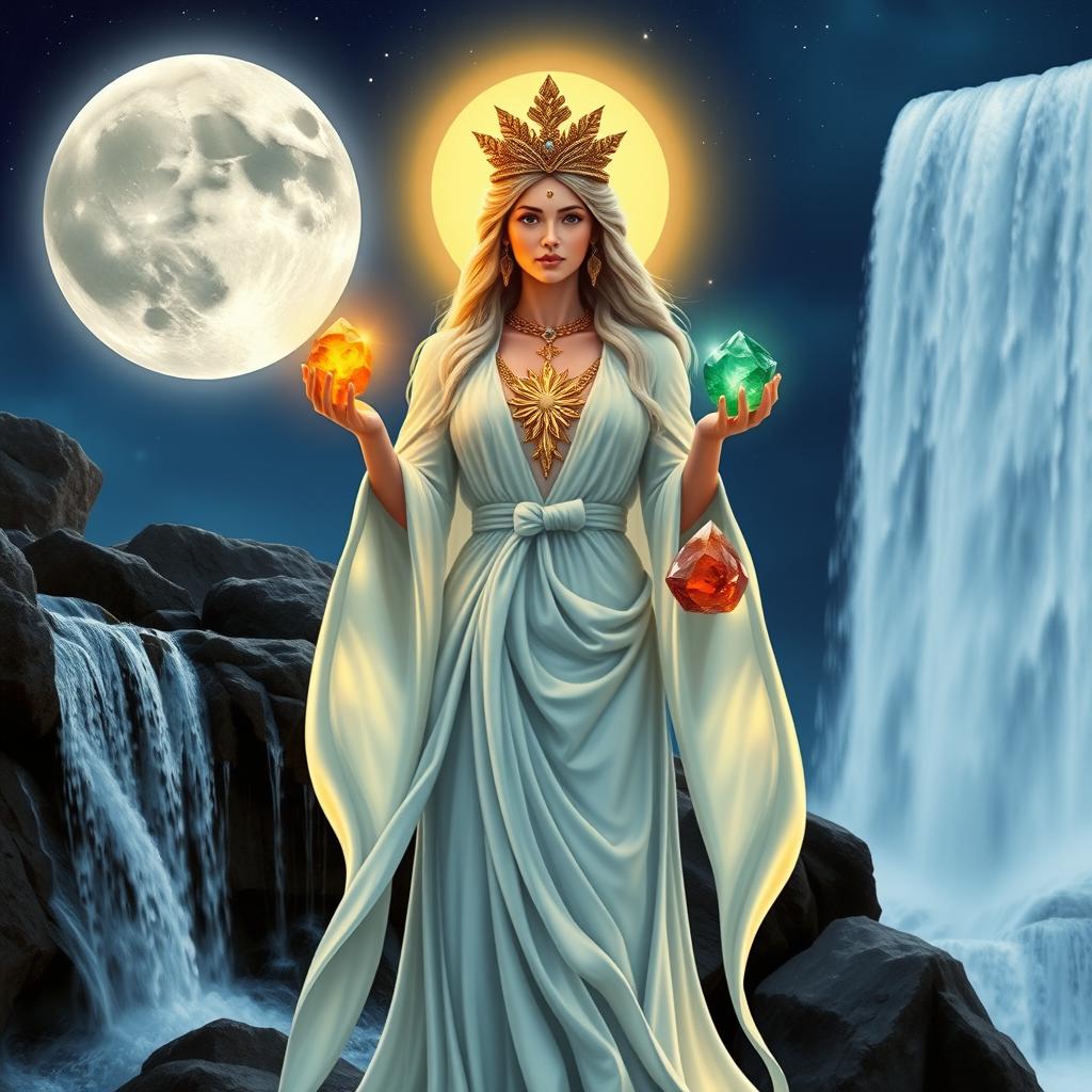 A divine Moon Goddess, standing regally before a cascading waterfall at night, holds four radiant crystals—Citrine, Green Aventurine, Carnelian, and Jade—in her hands