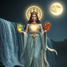 A divine Moon Goddess, standing regally before a cascading waterfall at night, holds four radiant crystals—Citrine, Green Aventurine, Carnelian, and Jade—in her hands