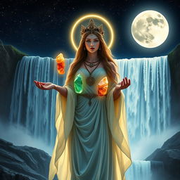 A divine Moon Goddess, standing regally before a cascading waterfall at night, holds four radiant crystals—Citrine, Green Aventurine, Carnelian, and Jade—in her hands