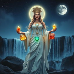 A divine Moon Goddess, standing regally before a cascading waterfall at night, holds four radiant crystals—Citrine, Green Aventurine, Carnelian, and Jade—in her hands