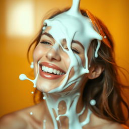 A playful and artistic scene featuring an alluring woman with milk gracefully splashing across her face