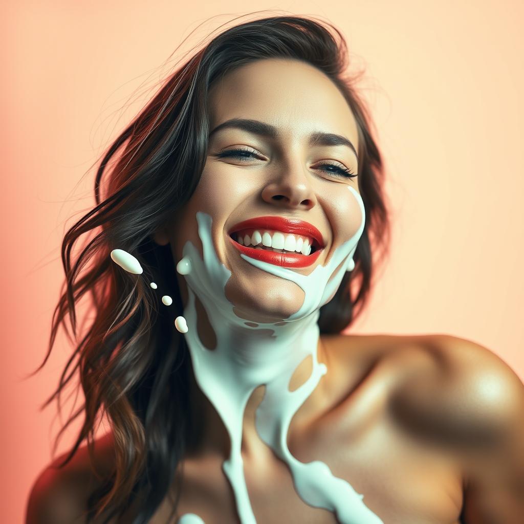 A playful and artistic scene featuring an alluring woman with milk gracefully splashing across her face