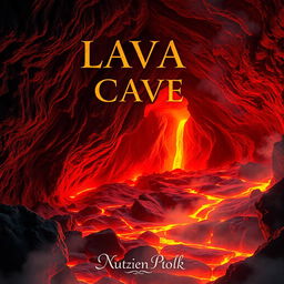 A captivating book cover featuring a mystical lava cave, with glowing molten lava flowing along the rocky ground and casting a warm orange and red light throughout the cave