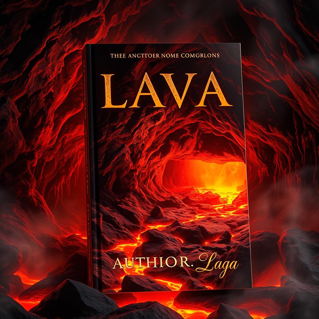 A captivating book cover featuring a mystical lava cave, with glowing molten lava flowing along the rocky ground and casting a warm orange and red light throughout the cave