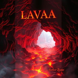 A captivating book cover featuring a mystical lava cave, with glowing molten lava flowing along the rocky ground and casting a warm orange and red light throughout the cave