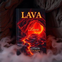 A captivating book cover featuring a mystical lava cave, with glowing molten lava flowing along the rocky ground and casting a warm orange and red light throughout the cave