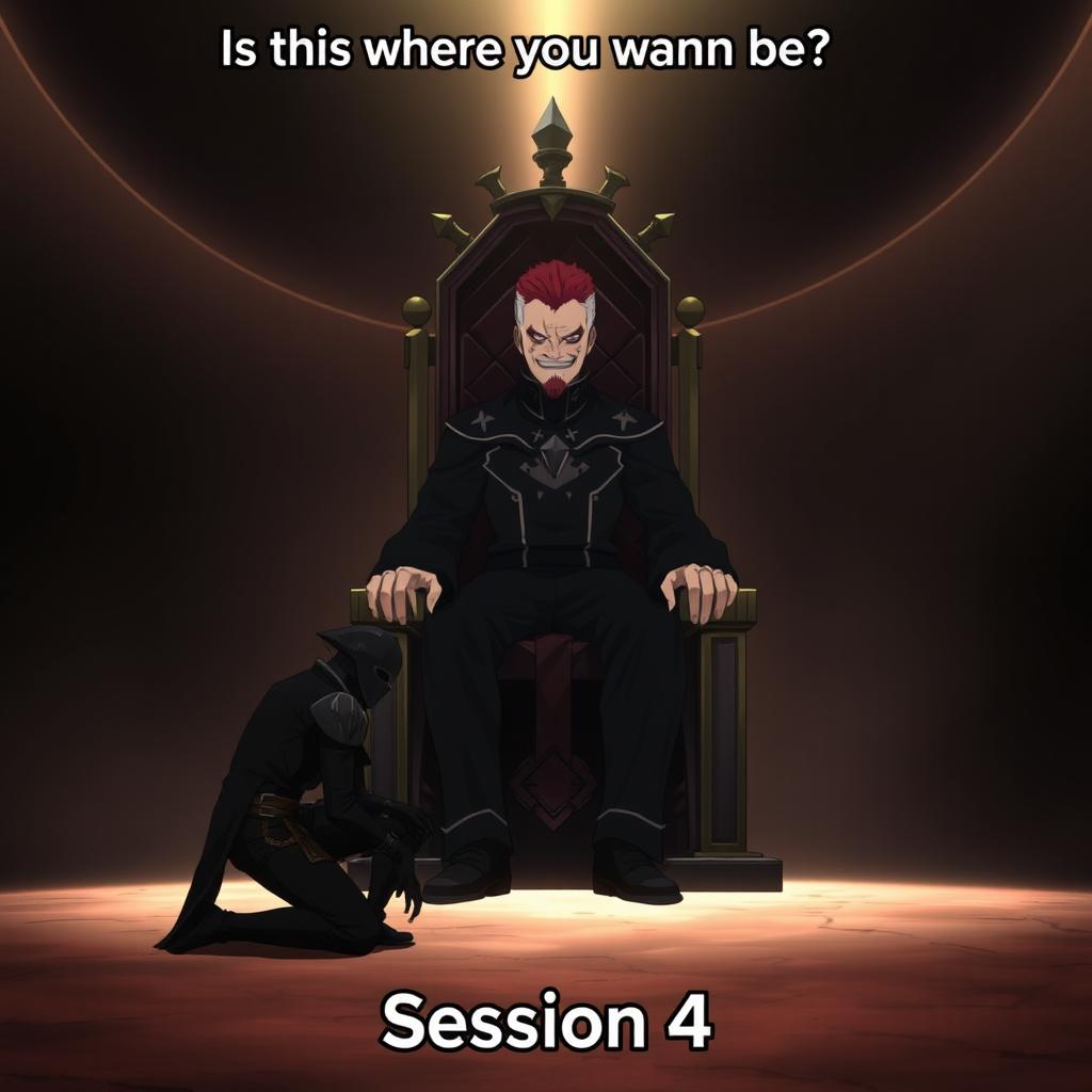 A powerful and imposing scene from an anime featuring Sukuna from Jujutsu Kaisen sitting confidently on his throne in a vast void