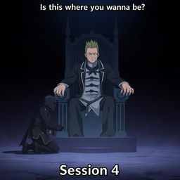 A powerful and imposing scene from an anime featuring Sukuna from Jujutsu Kaisen sitting confidently on his throne in a vast void