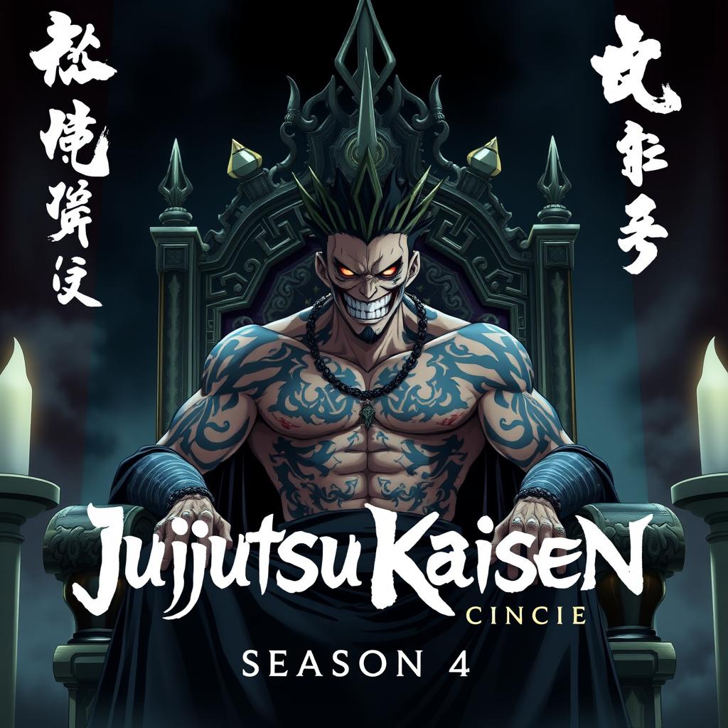 Sukuna, the powerful curse from Jujutsu Kaisen, seated on an elaborate throne