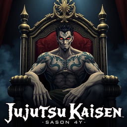 Sukuna, the powerful curse from Jujutsu Kaisen, seated on an elaborate throne