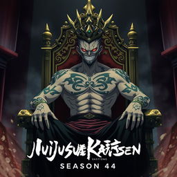 Sukuna, the powerful curse from Jujutsu Kaisen, seated on an elaborate throne