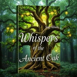 A creative and captivating book cover design showcasing the title idea: "Whispers of the Ancient Oak"