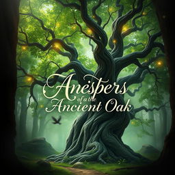 A creative and captivating book cover design showcasing the title idea: "Whispers of the Ancient Oak"