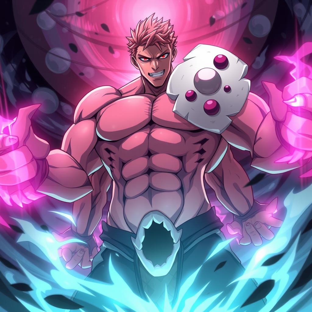 Sukuna, a tall and muscular man with four arms and four eyes, two of which are uniquely angled and located on a white flesh plate-like structure on the right side of his face