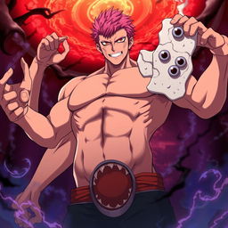 Sukuna, a tall and muscular man with four arms and four eyes, two of which are uniquely angled and located on a white flesh plate-like structure on the right side of his face