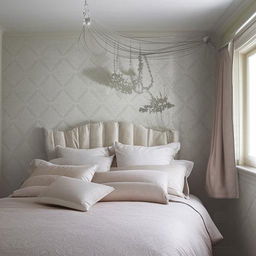 A modern French-inspired bedroom with elegant wall designs and a calming color scheme