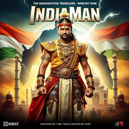 A vibrant and action-packed movie poster for 'IndiaMan', featuring a heroic male figure dressed in an elaborate costume inspired by ancient Indian attire and elements of Indian culture