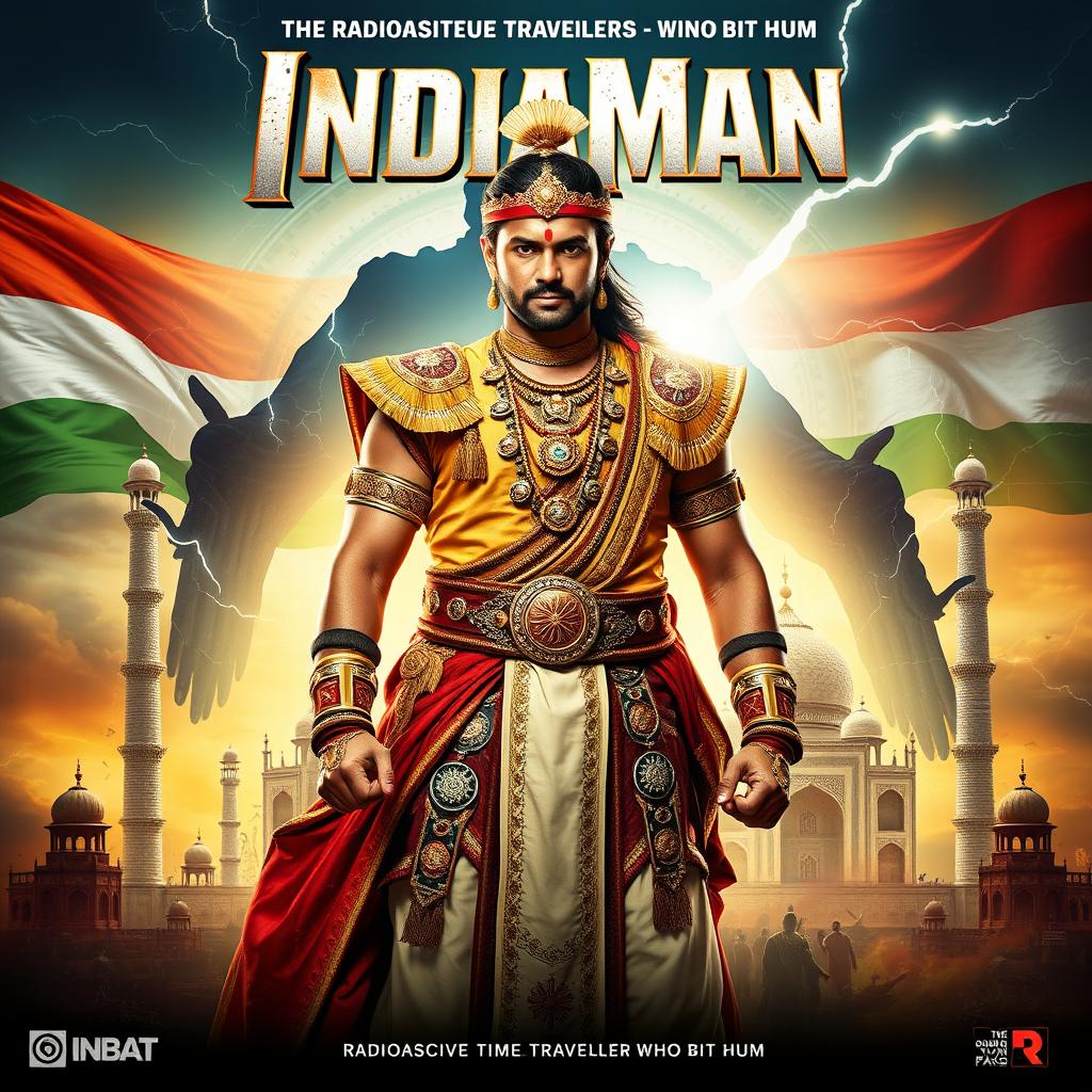 A vibrant and action-packed movie poster for 'IndiaMan', featuring a heroic male figure dressed in an elaborate costume inspired by ancient Indian attire and elements of Indian culture