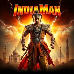 A vibrant and action-packed movie poster for 'IndiaMan', featuring a heroic male figure dressed in an elaborate costume inspired by ancient Indian attire and elements of Indian culture