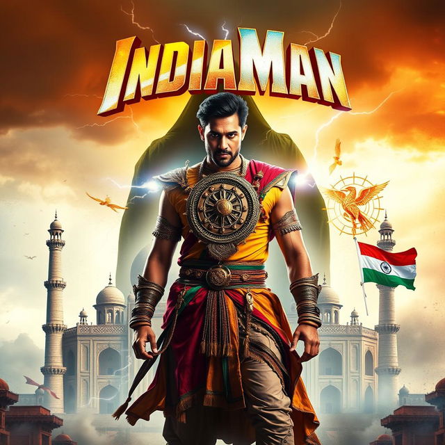 A vibrant and action-packed movie poster for 'IndiaMan', featuring a heroic male figure dressed in an elaborate costume inspired by ancient Indian attire and elements of Indian culture