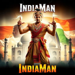 A vibrant and action-packed movie poster for 'IndiaMan', featuring a heroic male figure dressed in an elaborate costume inspired by ancient Indian attire and elements of Indian culture