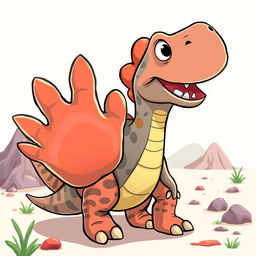 A cartoon dinosaur with a playful expression, featuring a large, exaggerated paw