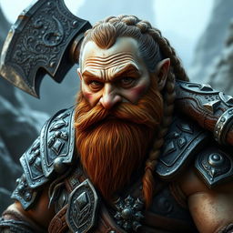 A dwarf with a battle-scarred face and brown eyes, showcasing a long ginger beard and braided hair