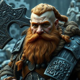 A dwarf with a battle-scarred face and brown eyes, showcasing a long ginger beard and braided hair