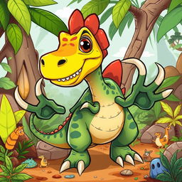 A cartoon dinosaur with an adventurous expression, featuring large, exaggerated claws that give it a strong and fierce appearance