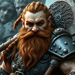 A dwarf with a battle-scarred face and brown eyes, showcasing a long ginger beard and braided hair