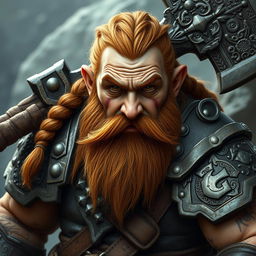 A dwarf with a battle-scarred face and brown eyes, showcasing a long ginger beard and braided hair