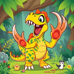 A cartoon dinosaur with an excited and adventurous expression, showcasing its large, exaggerated claws that highlight its strong and dynamic nature