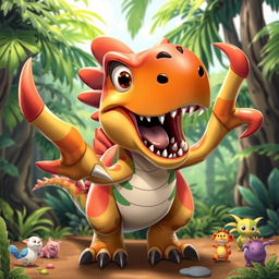 A cartoon dinosaur with an excited and adventurous expression, showcasing its large, exaggerated claws that highlight its strong and dynamic nature